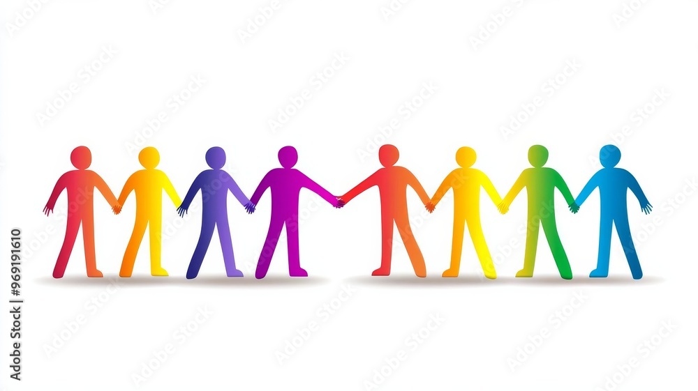 Human figures holding hands in a color gradient. Symbol of workplace unity, diversity, trust, empathy, harmony, togetherness, teamwork on White isolated background Human figures holding hands in a color gradient. Symbol of workplace unity, diversity, trust, empathy, harmony, togetherness, teamwork on White isolated background
