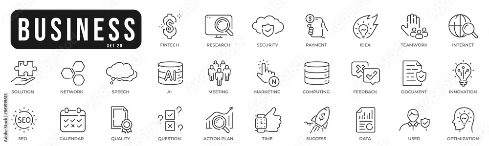 Business related original icons. Network, teamwork, payment, computing, seo, ai etc. Editable stroke. Set 20 Business related original icons. Network, teamwork, payment, computing, seo, ai etc. Editable stroke. Set 20