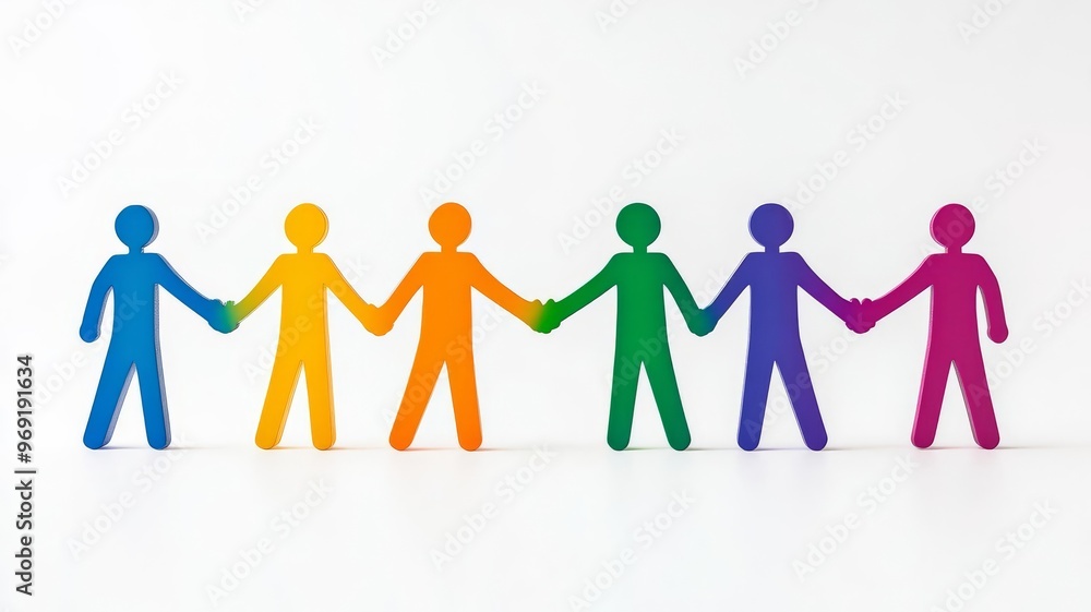 Human figures holding hands in a color gradient. Symbol of workplace unity, diversity, trust, empathy, harmony, togetherness, teamwork on White isolated background Human figures holding hands in a color gradient. Symbol of workplace unity, diversity, trust, empathy, harmony, togetherness, teamwork on White isolated background