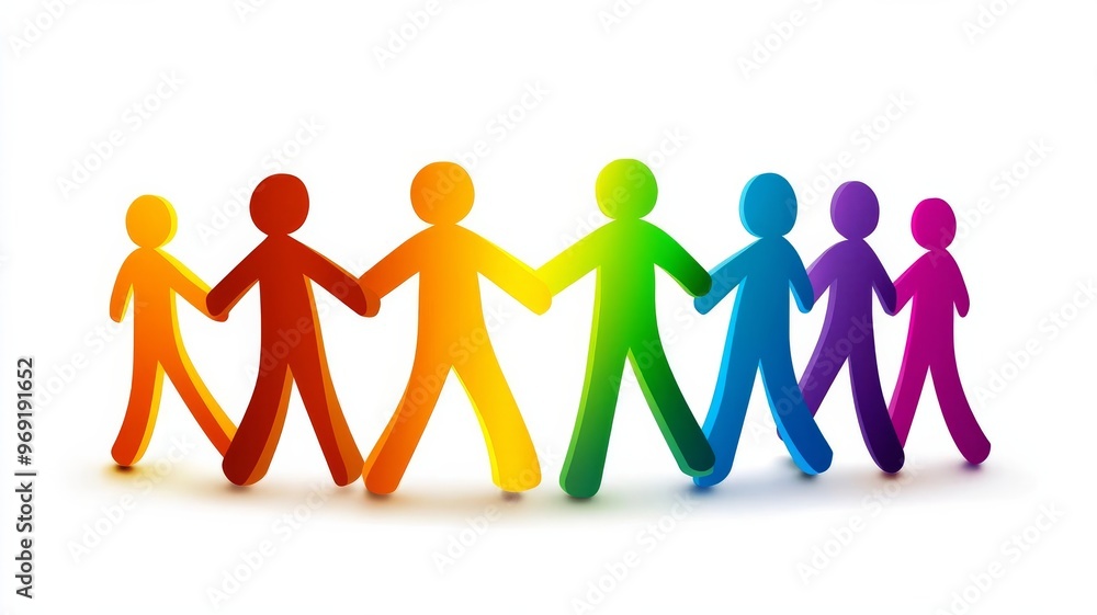 Human figures holding hands in a color gradient. Symbol of workplace unity, diversity, trust, empathy, harmony, togetherness, teamwork on White isolated background Human figures holding hands in a color gradient. Symbol of workplace unity, diversity, trust, empathy, harmony, togetherness, teamwork on White isolated background