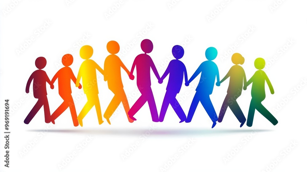 Human figures holding hands in a color gradient. Symbol of workplace unity, diversity, trust, empathy, harmony, togetherness, teamwork on White isolated background Human figures holding hands in a color gradient. Symbol of workplace unity, diversity, trust, empathy, harmony, togetherness, teamwork on White isolated background
