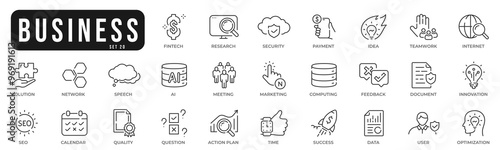 Business related original icons. Network, teamwork, payment, computing, seo, ai etc. Editable stroke. Set 20