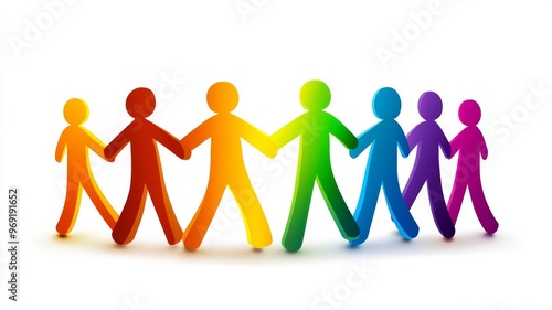 Human figures holding hands in a color gradient. Symbol of workplace unity, diversity, trust, empathy, harmony, togetherness, teamwork on White isolated background