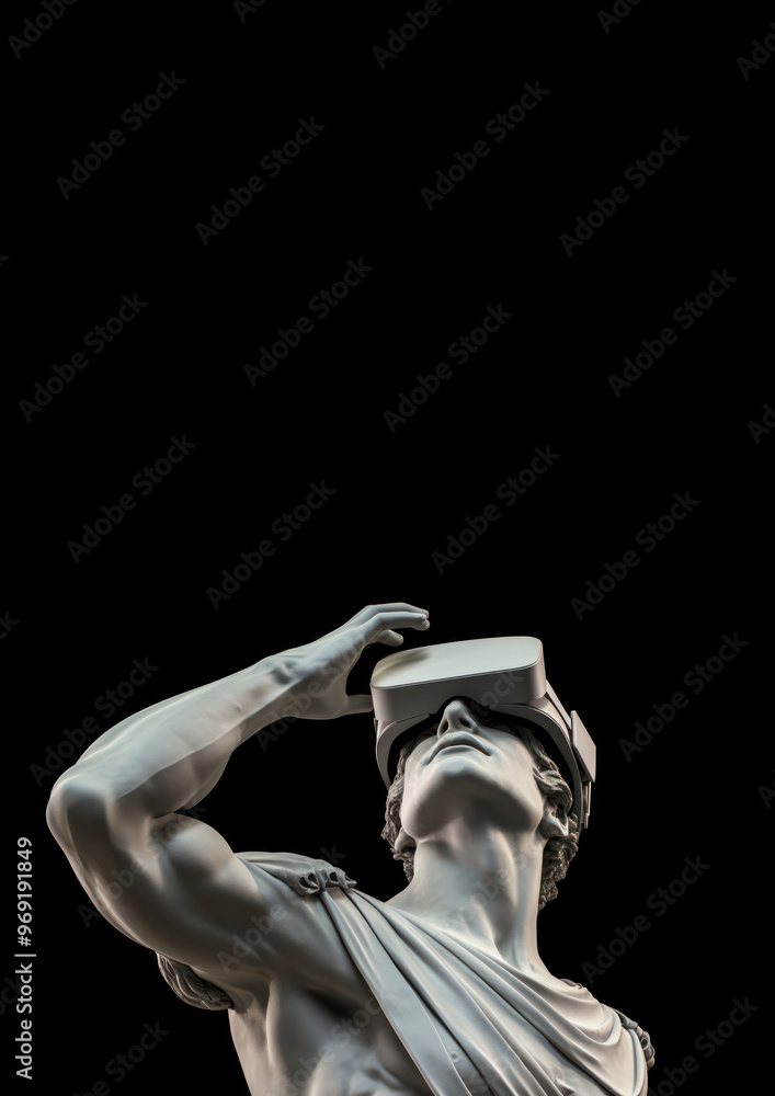 Greek God statue wearing VR glasses. Greek God statue wearing VR glasses.