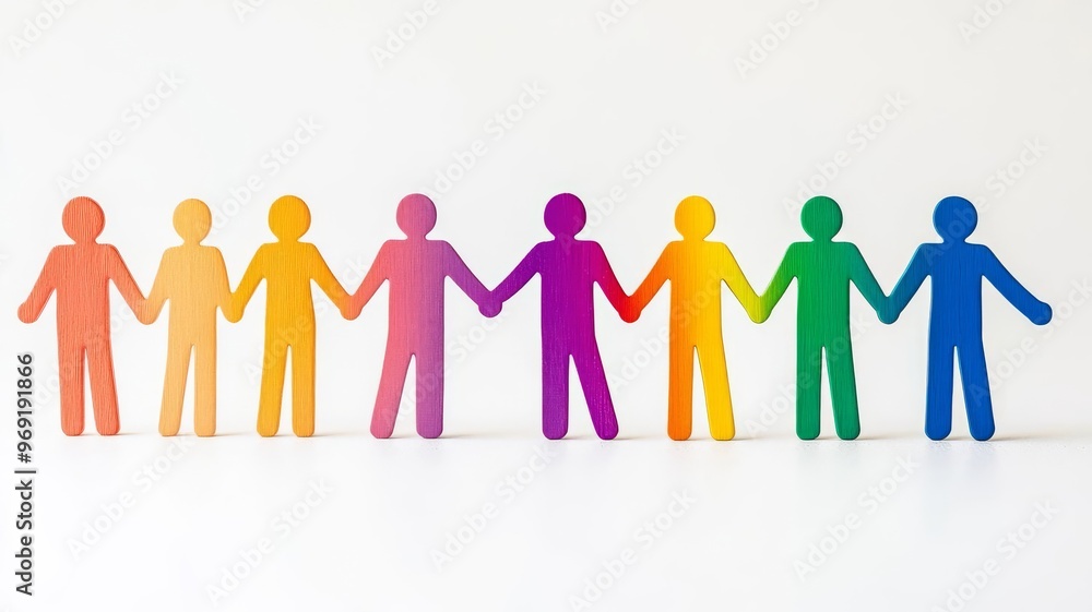 Human figures holding hands in a color gradient. Symbol of workplace unity, diversity, trust, empathy, harmony, togetherness, teamwork on White isolated background Human figures holding hands in a color gradient. Symbol of workplace unity, diversity, trust, empathy, harmony, togetherness, teamwork on White isolated background
