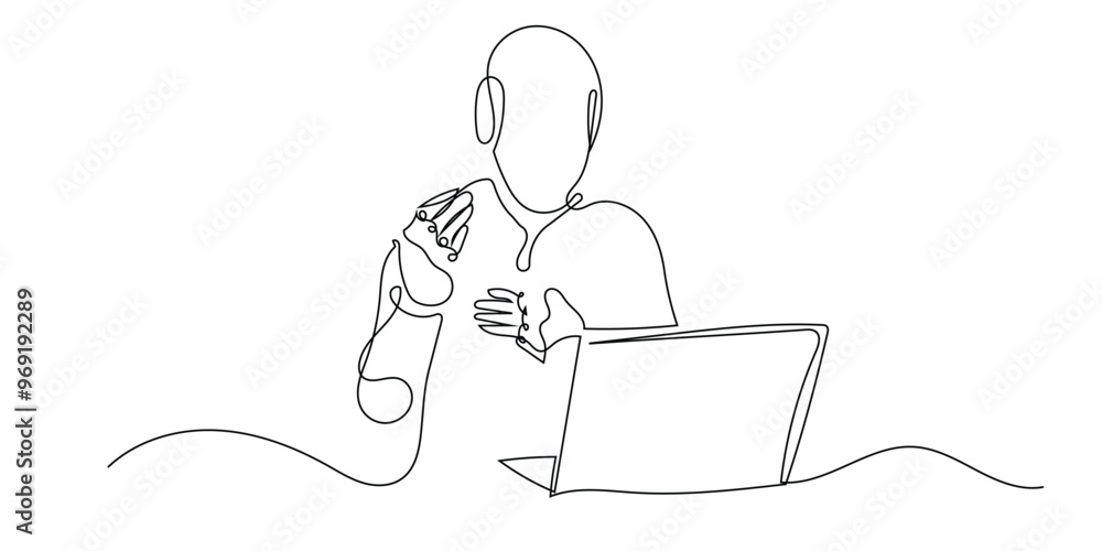 continuous line of AI robot making video call on laptop.drawing of one line of ai robot giving solution to people with video calls.single line working with ai technology.isolated white background continuous line of AI robot making video call on laptop.drawing of one line of ai robot giving solution to people with video calls.single line working with ai technology.isolated white background