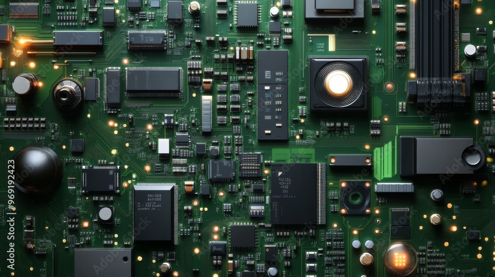 Closeup of green electronic circuit board with radio parts and chip processors background Closeup of green electronic circuit board with radio parts and chip processors background