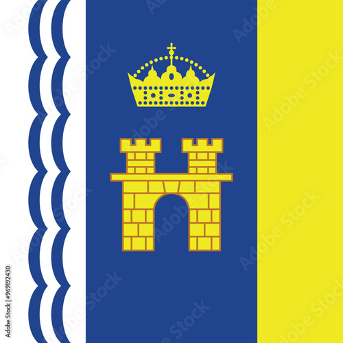 A blue and yellow flag with a crown and a castle on it photo