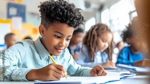 Young Black boy enjoying learning while writing in his notebook in a classroom setting.