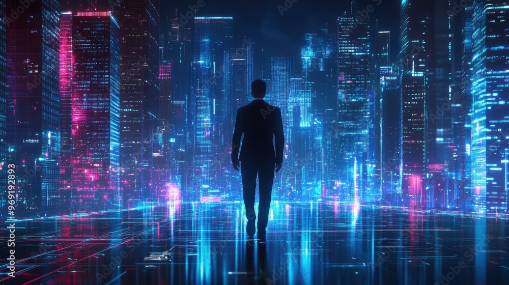 Business technology concept, Professional business man walking on future Bangkok city background and futuristic interface graphic at night, with generative ai Business technology concept, Professional business man walking on future Bangkok city background and futuristic interface graphic at night, with generative ai