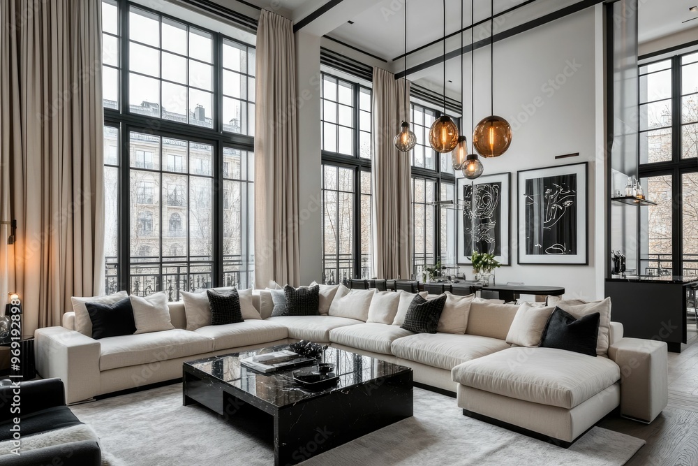 Fototapeta premium Modern living room with large windows and stylish furniture.