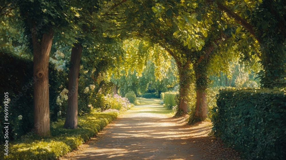 A quiet garden path with a canopy of trees, casting dappled sunlight on the walkway below. A quiet garden path with a canopy of trees, casting dappled sunlight on the walkway below.