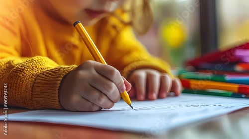 A young child focused on drawing with a yellow pencil, surrounded by colorful art supplies.