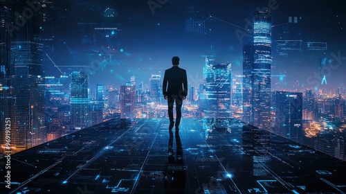 Business technology concept, Professional business man walking on future Bangkok city background and futuristic interface graphic at night, with generative ai