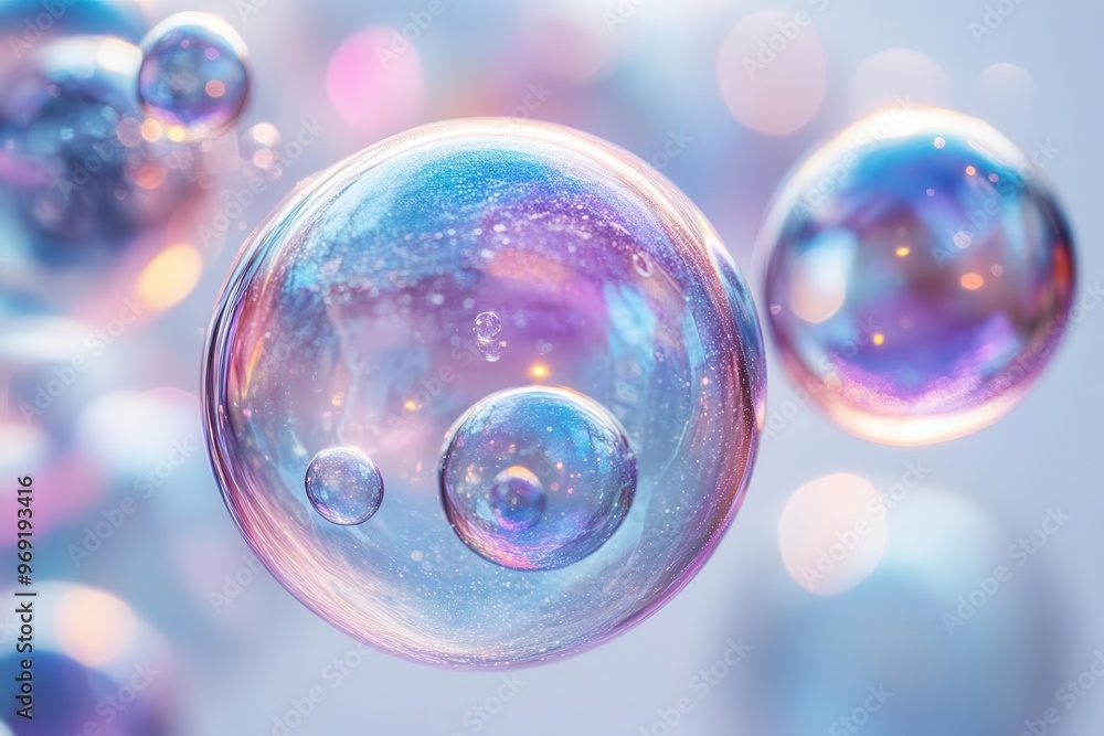 ethereal soap bubbles floating against a pristine white background delicate spheres with iridescent surfaces capture light creating mesmerizing rainbow reflections