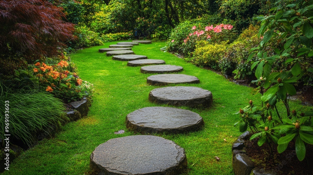 A scenic pathway made of stepping stones, meandering through a beautifully landscaped garden. A scenic pathway made of stepping stones, meandering through a beautifully landscaped garden.