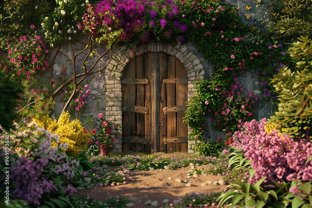 Fototapeta premium Serene 3D render of a rustic garden gate surrounded by blooming flowers, created by ai