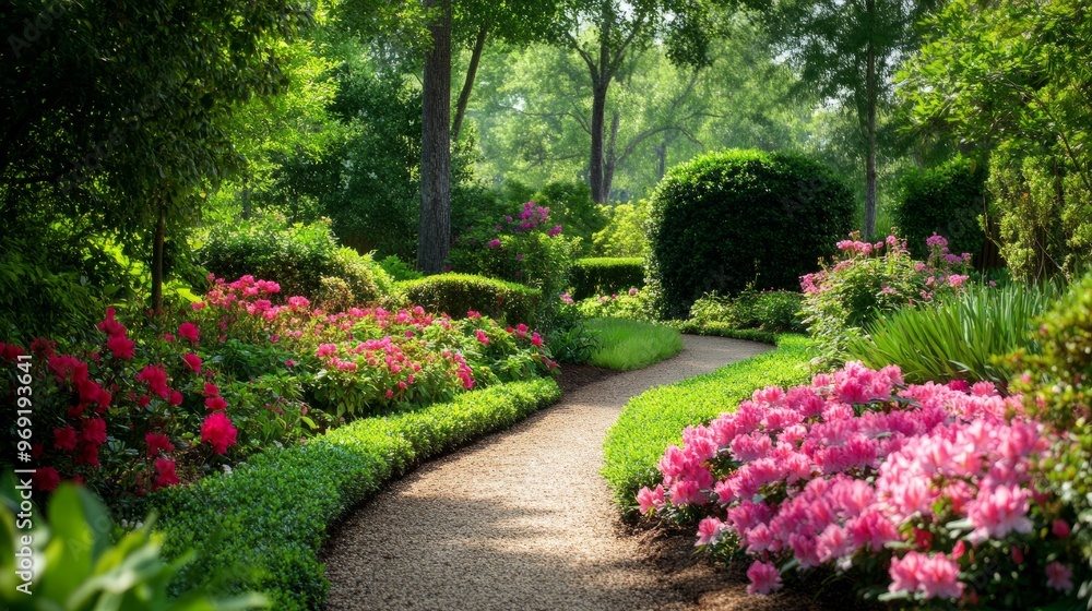 Fototapeta premium A serene garden path lined with blooming flowers, surrounded by lush green shrubs and trees.