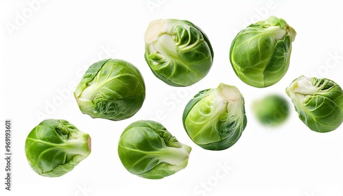 Falling Brussel sprout isolated on white background, selective focus
