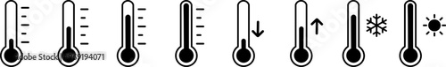Thermometer with temperature scale, climate control, weather change, vector flat two-color icons with sunny or snowy day, weather pictogram. Thermometer temperature icon collection on white background