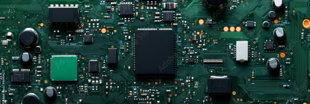 Closeup of green electronic circuit board with radio parts and chip processors background Closeup of green electronic circuit board with radio parts and chip processors background