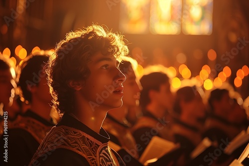 A choir performing under soft light during a captivating evening service in a grand cathedral photo