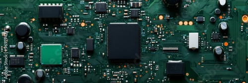 Closeup of green electronic circuit board with radio parts and chip processors background