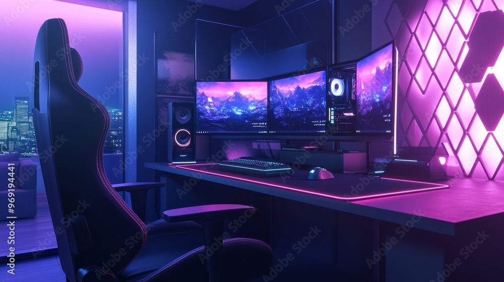 A sleek, modern gaming table setup with dual monitors, RGB lighting, and a high-end gaming chair. A sleek, modern gaming table setup with dual monitors, RGB lighting, and a high-end gaming chair.