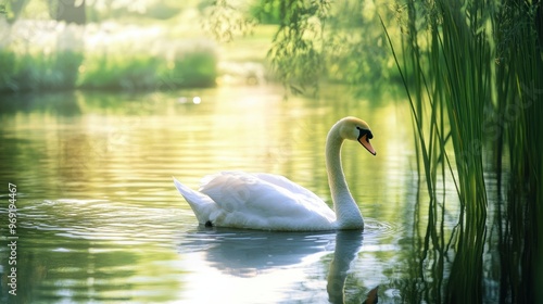 A swan swimming peacefully in a pond in the park, with tall reeds and trees reflected in the water.