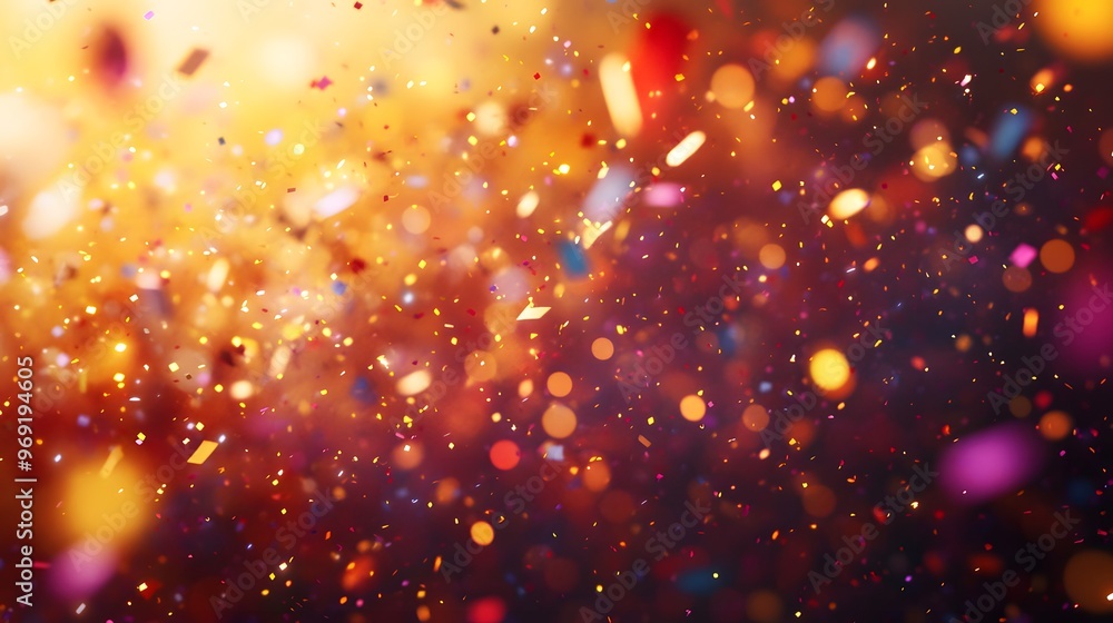 Vibrant confetti explosion against bright background, panoramic view, colorful paper particles, festive atmosphere, dynamic motion blur, sparkling bokeh, warm golden light. Vibrant confetti explosion against bright background, panoramic view, colorful paper particles, festive atmosphere, dynamic motion blur, sparkling bokeh, warm golden light.