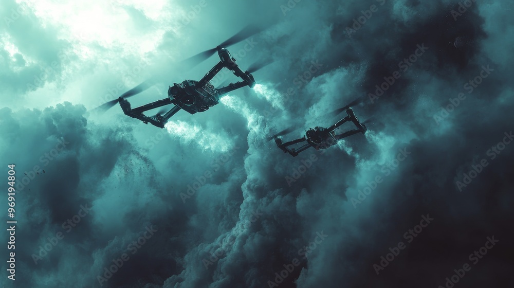 Futuristic AI-controlled weather manipulation drones preventing natural disasters: AI-driven drones dispersing chemicals in clouds to mitigate extreme weather conditions. Futuristic AI-controlled weather manipulation drones preventing natural disasters: AI-driven drones dispersing chemicals in clouds to mitigate extreme weather conditions.