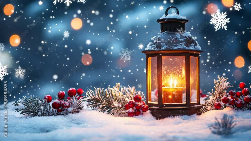 A candle in a lantern is lit in the snow. The lantern is surrounded by red berries. The scene is set in the wintertime A candle in a lantern is lit in the snow. The lantern is surrounded by red berries. The scene is set in the wintertime