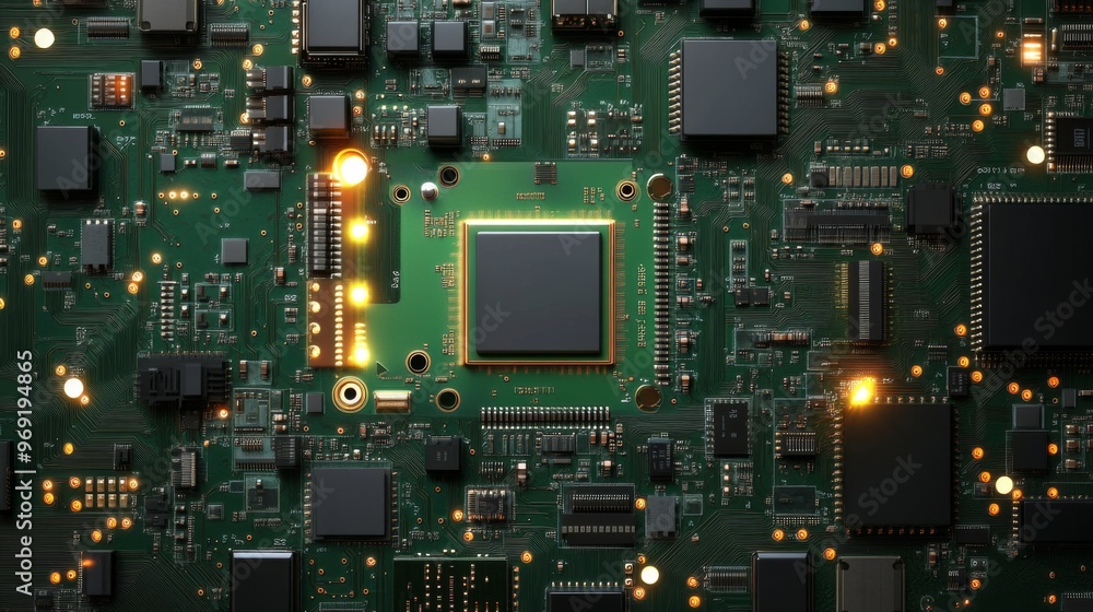 Closeup of green electronic circuit board with radio parts and chip processors background Closeup of green electronic circuit board with radio parts and chip processors background