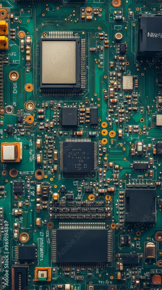 Closeup of green electronic circuit board with radio parts and chip processors background Closeup of green electronic circuit board with radio parts and chip processors background