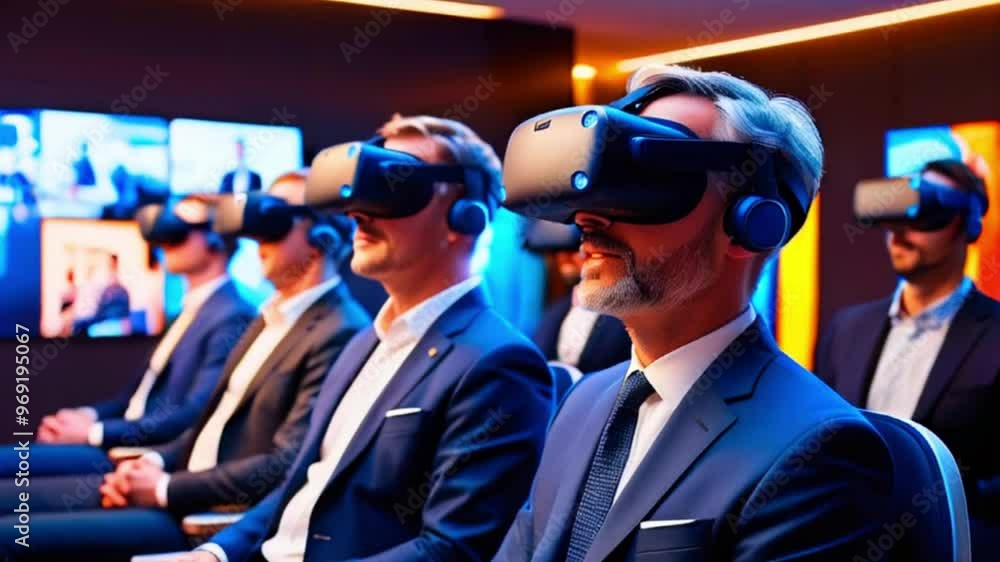 Group of businessmen wearing VR headsets in a modern office setting. Group of businessmen wearing VR headsets in a modern office setting.