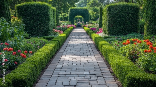 A stone-paved walkway in a formal garden, surrounded by meticulously trimmed hedges and flower beds.