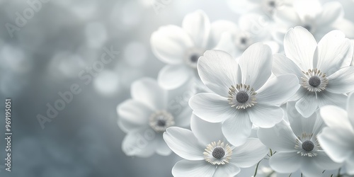 Fototapeta Naklejka Na Ścianę i Meble -  A soft, abstract background featuring delicate white anemone flowers with a gentle silver hue and ample copy space