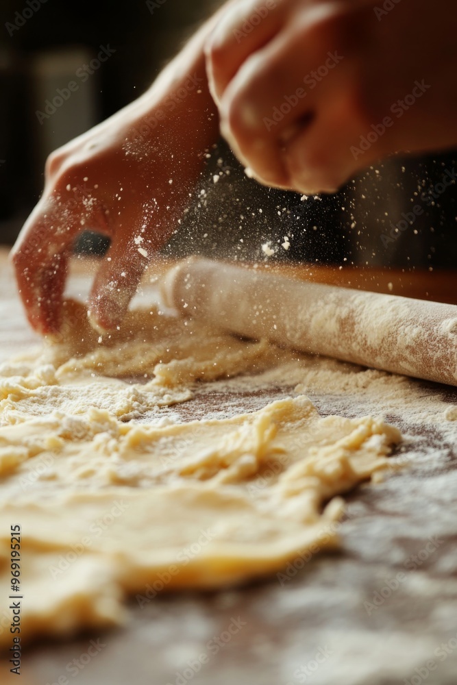 a close-up of a flaky pie crust being rolled out on a flour-dusted surface illustration a close-up of a flaky pie crust being rolled out on a flour-dusted surface illustration