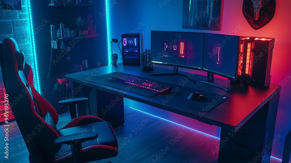 A stylish gaming table with a minimalist aesthetic, RGB lights, and a high-quality gaming monitor. A stylish gaming table with a minimalist aesthetic, RGB lights, and a high-quality gaming monitor.