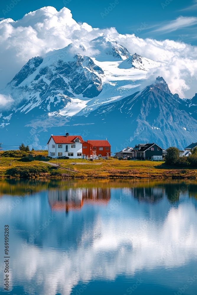 Fototapeta premium A small beautiful village in front of a snow capped mountain at a calm lake with reflection 