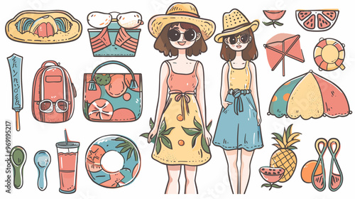 Wallpaper Mural A collection of cartoon characters and objects that represent a beach scene. Scene is cheerful and playful Torontodigital.ca