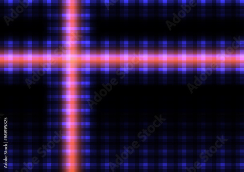 Abstract digital artwork featuring a glowing cross pattern in neon blue and red hues, creating a futuristic grid effect, Abstract vector illustration glowing cross pattern with neon colors