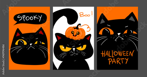 Set of Happy halloween party invitation card with grumpy black cat. Memes style. Holidays cartoon character. Vector illustration