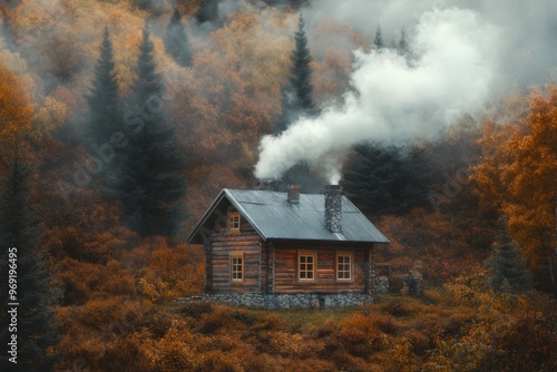 a cozy cabin nestled among autumnal trees, with smoke drifting lazily from the chimney