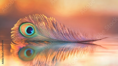 A detailed shot of a peacock feather resting on a reflective surface, with the colors blending softly in the reflection. photo