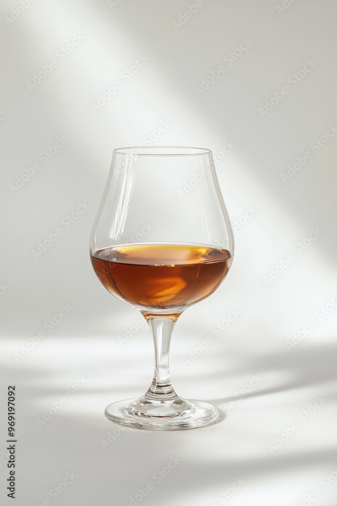 a delicate, crystal glass filled with a rich, chestnut-colored liquid, against a soft, white background a delicate, crystal glass filled with a rich, chestnut-colored liquid, against a soft, white background