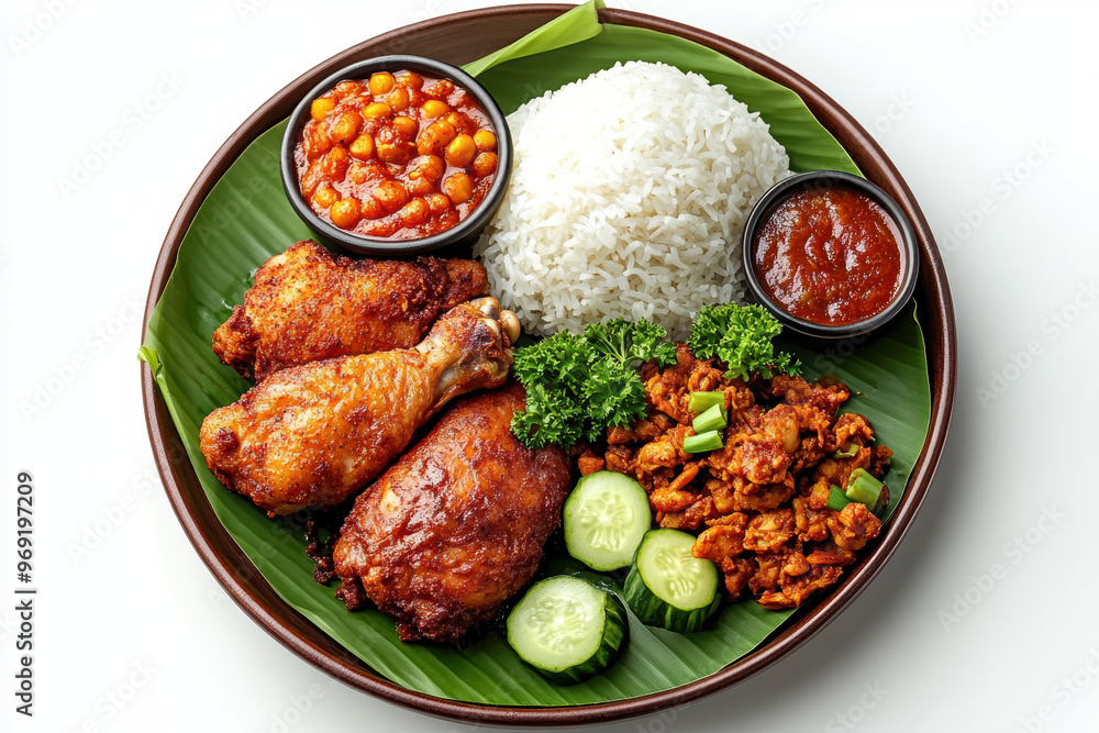Delicious Malaysian Nasi Lemak featuring coconut rice, fried chicken, and sambal Delicious Malaysian Nasi Lemak featuring coconut rice, fried chicken, and sambal