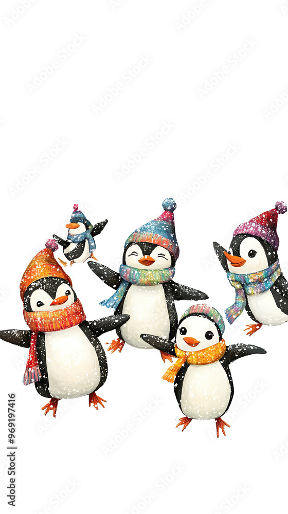 Fototapeta premium Adorable penguin family with colorful scarves and hats, celebrating winter and spreading holiday cheer in festive attire.