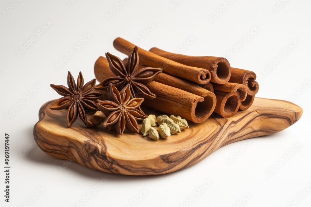 a delicate, golden-brown dried star anise pod rests beside a few curled cinnamon sticks and a handful of whole cardamom pods, arranged artfully on a worn wooden cutting board a delicate, golden-brown dried star anise pod rests beside a few curled cinnamon sticks and a handful of whole cardamom pods, arranged artfully on a worn wooden cutting board