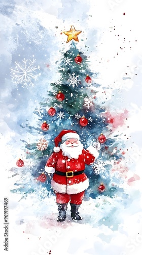 Christmas tree with Santa Claus and snowflakes in the background, watercolor illustration on a white background